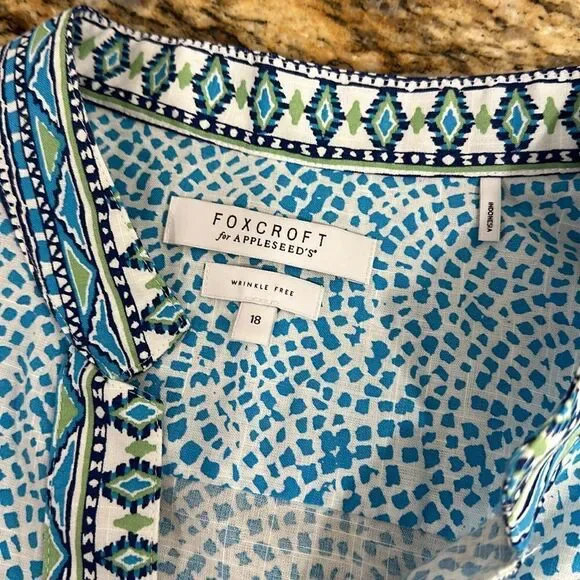 Foxcroft Border Trim Cotton Wrinkle Free Tunic Top In Lagoon Multi Size 18 - Picture 2 of 9